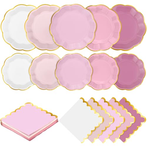 Kochorie 100 Pcs Dusty Pink Scalloped Paper Plates and Napkins