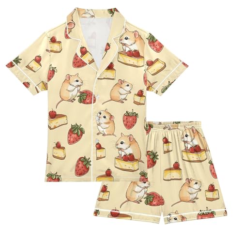 ALAZA Mouse Cake Strawberry Satin Pajamas Set Short Sleeve Button Down Sleepwear Summer Pjs 2 Piece
