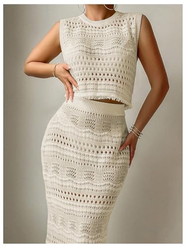 Verdusa Women's 2 Piece Cover Ups Hollow Out Beach Outfits Knit Tank Tops and Bodycon Skirt Set3