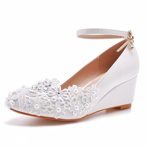 Women's Ankle Strap Buckle Wedges Heel Bridesmaid Wedding Shoes, Sexy Dress Bridal Heels, Closed Toe Bride Pumps