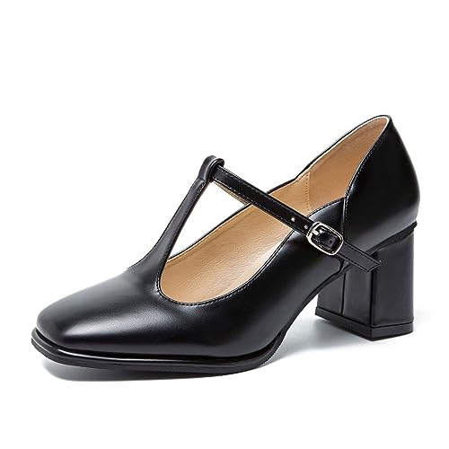 miss left Women Closed Square Toe Mary Jane Pump T-Strap Mid Block Chunky Heeled Comfy Party Work Dress Shoes Size 4-16 US