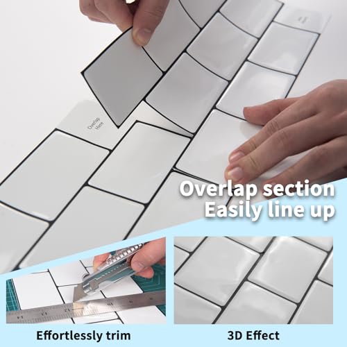 Art3d 20-Pack Kitchen Backsplash Tile Peel and Stick, Vinyl Stick On Subway Wall Tile Sticker for Bathroom Laundry Room RV Stove, 12" x 6" White with Black Grout