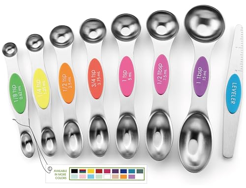 Spring Chef Stainless Steel Magnetic Measuring Spoons Set of 8 with Leveler, Nesting Metal Teaspoon & Tablespoon Measuring Spoons, Kitchen Gadgets for Baking & Cooking, Fits in Most Spice Jars - Neon