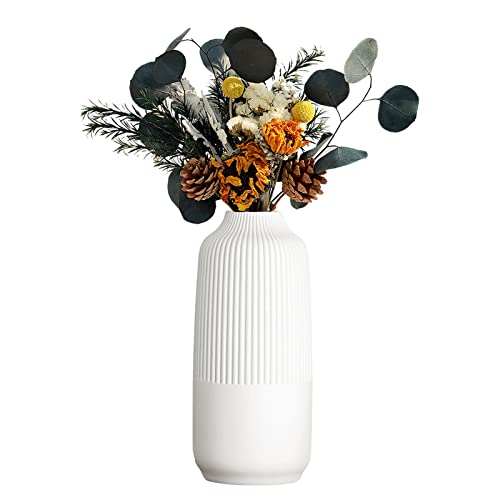 Blanc Vase Céramique, Motif à Rayures Vases De Fleurs, Vase Minimaliste Nordique pour Décoration De La Maison, du Salon, Hauteur 25cm, M