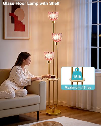 Image of Lightdot Glass Floor Lamp for Living Room 3-Lights Modern Gold Floor Lamp with Rose Red Glass Shade 3000K Bulbs Included Unique Standing Lamp with 5Lbs Heavy Base for Bedroom /Sofa Beside /Corner Decor