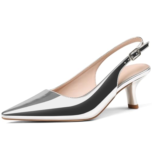VIMISAOI Women's Slingback Kitten Heels Closed Pointed Toe Low Kitten Heel for Women Pumps with Buckle Wedding Party Dress Pumps Shoes