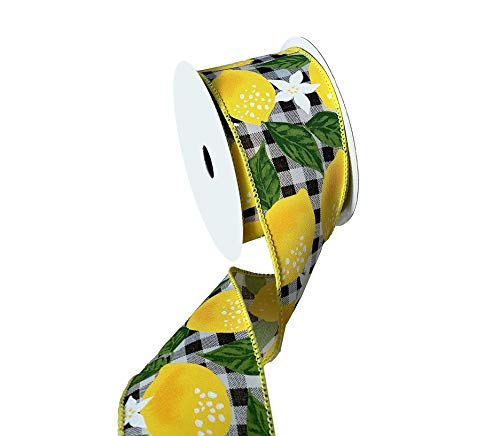 Image of Yellow Lemons Plaid Wired Ribbon - 2 1 /2 inch x 10 Yards, Black & White Checks, Spring Decor, Wreath, Gift Basket Decoration, Birthday, Picnic, Christmas, Mardi Gras, Easter