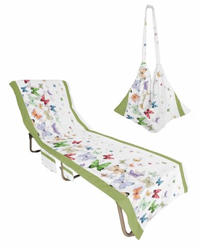 Green White Beach Chair Towel Covers for Chaise Lounge with Side Pocket, Soft Plush Pool Towels Cover for Patio Sunbathing Outdoor 29''x85'' Watercolor Fashion Illustration Boho