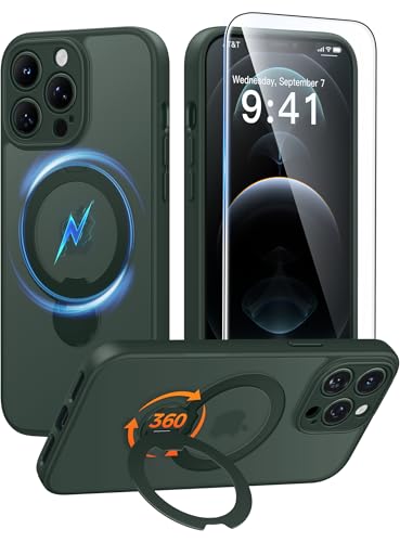 Image of FNTCASE for iPhone 12 Pro-Max Case: [360 Spin Magnetic Stand] [Compatible with Magsafe] [Screen Protector] Translucent Matte Military Grade Shockproof Full Camera Protective Phone Cover - Green