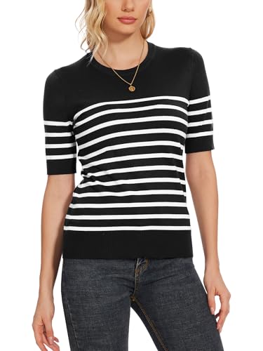 Image of Spicy Sandia Women's Short Sleeve Sweater Casual Knit Pullover Top for Summer Lightweight Black and White Striped 2XL
