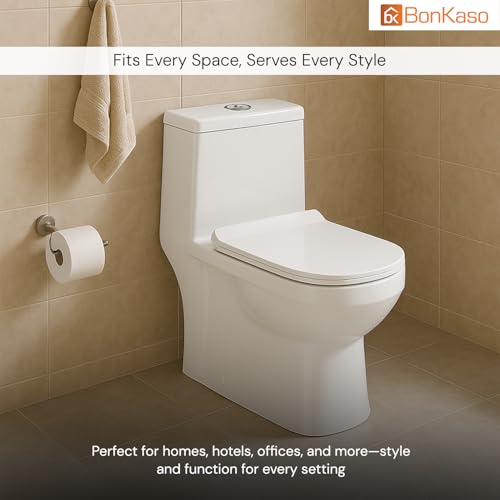 Image of BonKaso Premium Western Floor Mounted Ceramic One Piece Commode (White)| S Trap European Toilet with Soft Close Seat | Square Design Water Closet for Bathroom /Lavatory | Siphonic Vacuum Flush System