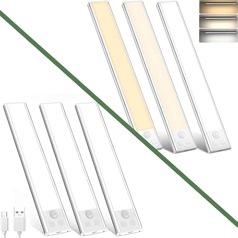 DEALGADGETS 3pcs 12.2" 32 LED 3 Color & 3pcs 8.07" 32 LED Cold White Rechargeable Under Cabinet Lighting, Motion Sensor LED Lights for Kitchen, Counter, Closet, Stairs Cover