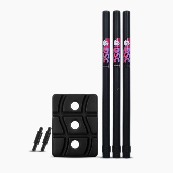 Image of DSC Plastic Cricket Stump Set | Color: Black | Size: Men | Material: Plastic | with 3 Stumps, 2 Bails and 1 Base | Durable | Lightweight and Portable | for Both Indoor and Outdoor use