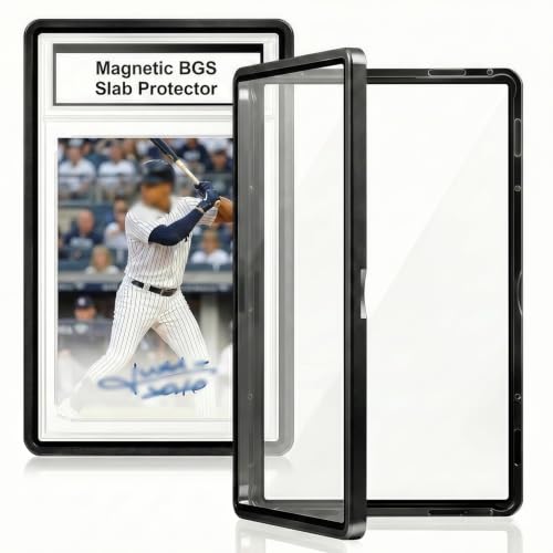 Magnetic BGS Slab Protector - UV Blocking Tempered Glass Aluminum Graded Card Case for 35PT BGS Cards Metal Bumper Display Guard with 9-Point Lock & Padding Stickers (Black)