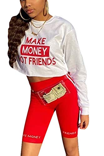 Women 2 Piece Outfits Romper Long Sleeve Letter Print Shirts + High Waist Biker Shorts Tracksuit Set Red Red S