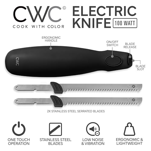 COOK WITH COLOR Electric Knife 100W, Two Blades for Versatile Cutting, Precision and Convenience for Your Kitchen, 2.2 x 2.2 x 16.9 Inches, Black