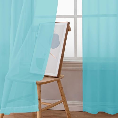 Image of Simplebrand Rod Pocket Top Solid Voile Sheer Curtains for Bedroom, 54 Inch Length Drapes Set of 2, Lightweight and Light Filtering Elegant Aqua Curtains Panels Window Treatment, 42Wx54L, Aqua