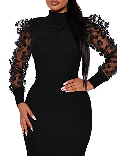 Annystore Women's Elegant Mock Neck Sheer Long Sleeve Mesh Bodycon Dress Ribbed Club Party Pencil Midi Dresses Clubwear2