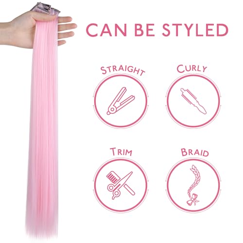Image of WENNALIFE 12 PCS Pink Hair Extensions Clip in, Colored Clip in Hair Extensions for Kids Highlights Rainbow Hair Clips for Girls Synthetic Straight Pop-up Style Colorful Festival Girls Hair Accessories
