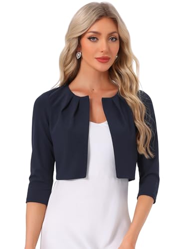 Image of Allegra K 3 /4 Sleeve Shrug Top for Women's Collarless Pleated Open Front Cropped Cardigan