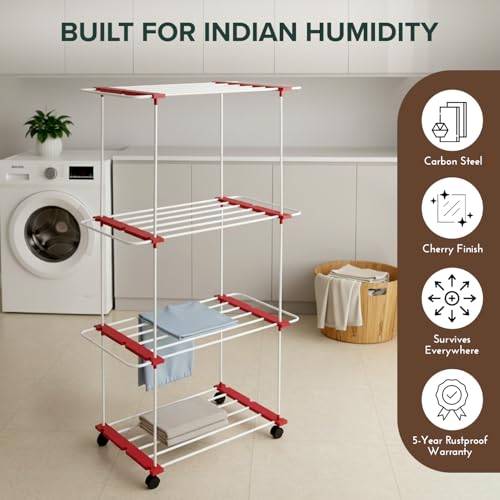 Image of TNT THE NEXT TREND Trixy 3 Layer Carbon Steel Indoor & Outdoor Cloth Dryer Stand | Heavy Duty Clothes Drying Rack with U-Bars, Wheels, 50.1 ft Drying Space, (L96 x B45.3 x H174 cm), Cherry