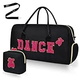 Dance Bag for Girls 2PCS Travel Ballet Bag with Shoes Compartment Chenille Letter Embroidery for Dancer Travel Duffel Weekender Overnight bag - Black/Hot Pink