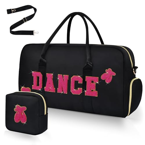 Dance Bag for Girls 2PCS Travel Ballet Bag with Shoes Compartment Chenille Letter Embroidery for Dancer Travel Duffel Weekender Overnight bag - Black/Hot Pink