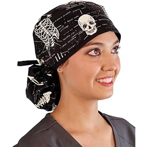 Sparkling EARTH Human Body Skeleton with Black Ties (Glow in The Dark) Big Hair Ponytail Classic Surgical Style Scrub Working Cap - Made in The USA! Cover