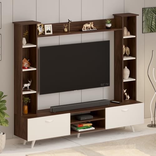 Image of BLUEWUD Pinn Modern TV Unit /TV Stand /TV Cabinet Panel /Entertainment Center with Storage & Display Shelves for Books & Decor, Living Room Fits Upto 60 Inches - (Brown Maple /White) (Pinn TV Unit)