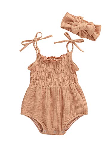 Infant Toddler Baby Girl Romper Halter Solid Bodysuit One Piece Jumpsuit Onesie with Headband 2Pcs Summer Clothes Outfit (Khaki, 0-6 Months)