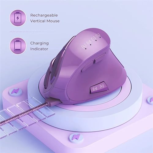 Image of Vertical Mouse, Wireless Ergonomic Optical Mouse (BT 5.0 + Bluetooth 3.0 + USB Connection) with 9 Buttons, Rechargeable Computer Mouse for Wins PC /Laptop, Mac (Purple)