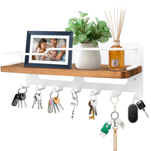 JiangLin Schlüsselbrett Holz mit Ablage, Dekoratives Schlüsselhalter, Schlüsselablage Wand mit 7 Schlüsselhaken, Wandregal Holz für Schlüsselbrett Organizer für Eingang, Flur, Schlafzimmer, Wohnzimmer