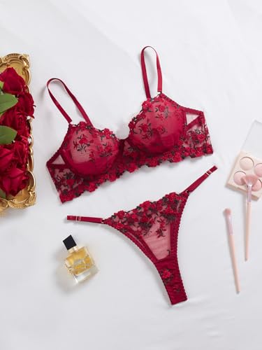 Image of Sexy Floral Embroidered Flower Mesh Underwire Push Up Lingerie Set