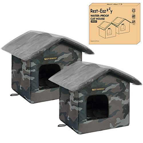 Rest-Eazzzy Cat House for Outdoor Cats, Weatherproof and Insulated Feral Cat House with Mat and Canopy, Easy to Put Together, Selfwarming Cat Shelter for Winter(13 * 13 * 14" Black with Supp