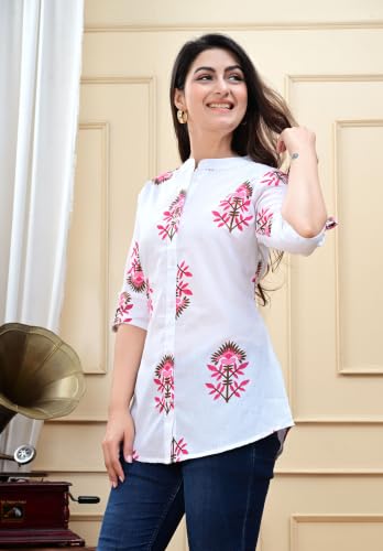 Image of Women's Rayon Floral Printed Short Kurti | Regular Fit | Mandarin Collar | Casual Wear for Office, College