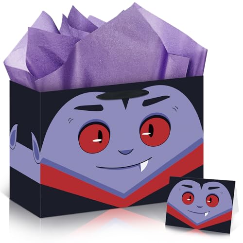 Woosytoo Halloween Party Gift Bag Halloween Birthday Party Favor Bag with Tissue Paper and Greeting Card Cartoon Vampire Wrapping Paper Treat Bags Party Supplies