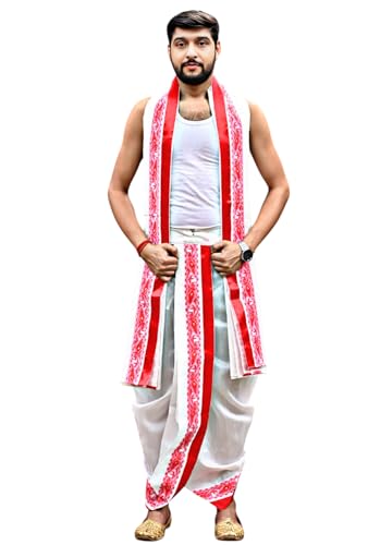 Image of Men's Ethnic | Traditional Ready to wear (Pant System) Readymade Panchakacham Dhoti With Angavastram(Towel) Set, Tassar Silk, Free Size (GC002)