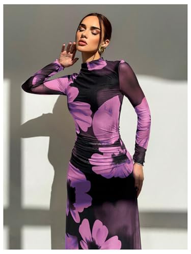 Image of Verdusa Women's Floral Wedding Guest Dress Long Sleeve Mesh Slimming Cocktail Vacation Maxi Dresses