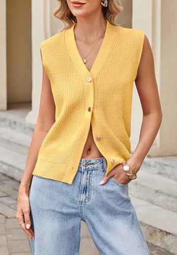 Image of Womens Button-Front Sweater Vest Top V Neck Sleeveless Knit Tank Fitted Halter Raceback Cardigan Vest
