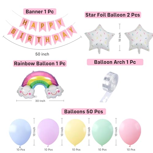 Image of Party Propz Happy Birthday Decoration Kit -55 Pcs, Birthday Decoration Items with Rainbow Foil Balloon, Happy Birthday Banner, Multicolor Balloons for Birthday Decoration for Boys & Girls (Cardstock)