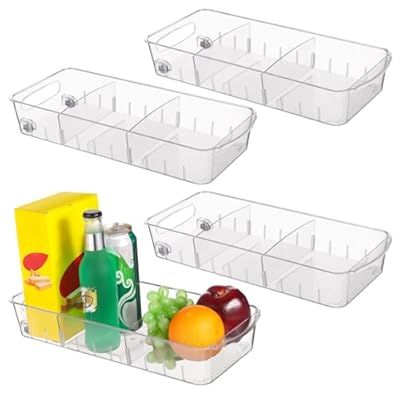 4 PCS Fridge Organizer Bins With Wheels, Roll Out Refrigerator Organizers Storage Refrigerator Drawers With Dividers, Plastic Pantry Storage Trays for Kitchen Organization