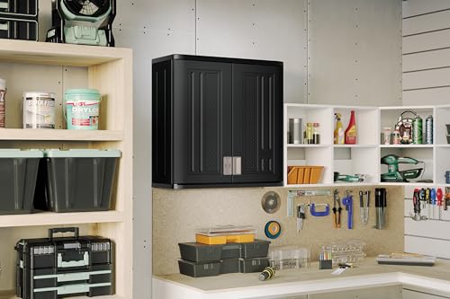 Image of Suncast Wall Storage Cabinet for Garage Organization - 4 Cu. Ft. Wall Mounted Garage Cabinet with Shelf for Garden Supplies, Paint Cans & Outdoor Tools, Multi-Wall Resin Construction, Black