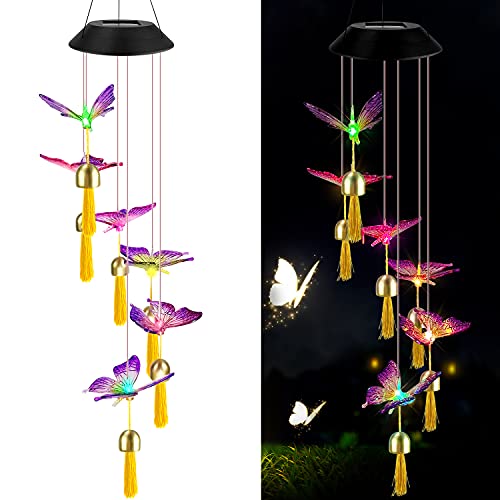 ERYTLLY Led Solar Wind Chimes Outdoor Clearance, Solar Butterfly Wind Chimes Hanging Solar Lights Outdoor Waterproof Butterfly Solar Lights Outdoor for Home Yard Patio Garden (Butterflies Chimes)