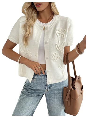 Verdusa Women's Floral Embroidery Summer Sweaters Button Up Lightweight Cardigans