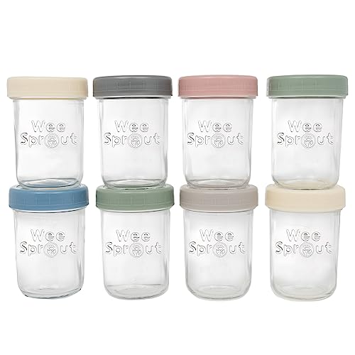 Image of WeeSprout Glass Baby Food Storage Jars w/Lids (8 oz, 8 Pack Set) Snack, Puree, Reusable Small Containers, Breast Milk, Fridge or Freezer, Microwave & Dishwasher Safe, Essential Must Have for Infants