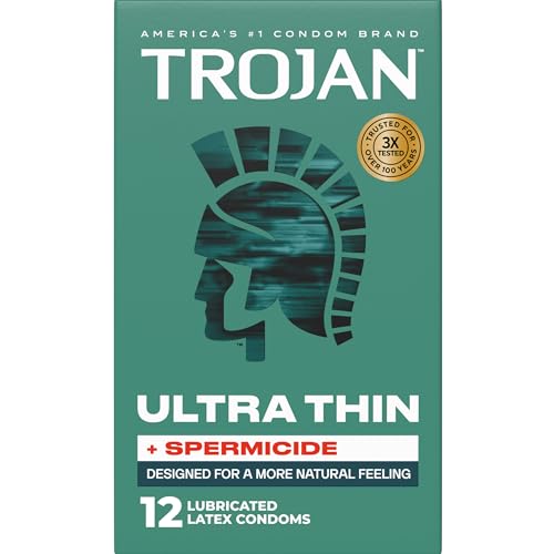 Trojan Ultra Thin Plus Spermicide Latex Lubricated Condoms for Men, Thin Condoms for a More Natural Feeling, Helps Reduce Risk of Pregnancy and Sexually Transmitted Infections (STIs), 12 Count