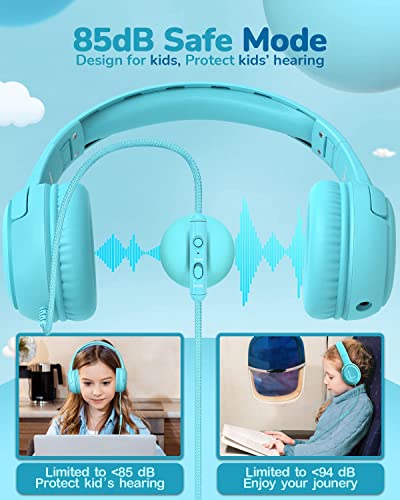 Image of awatrue Kids Headphones for School Travel, 85 /94dB Safe Volume Limit, 3.5mm Jack, HD Mic, Portable Wired Headphone with Shareport, Stereo Sound On-Ear Headphones for Toddler Kids Girls Boys Blue