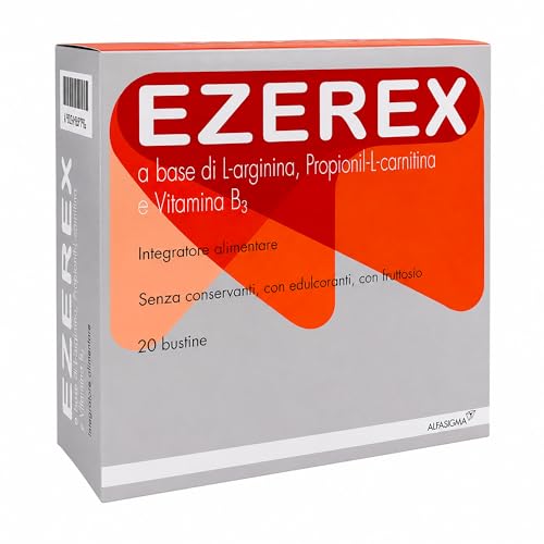 Ezerex Integratore Alimentare a base di L-Arginina, Propionil-L-Carnitina e Vitamina B3 - Senza conservanti, con edulcoranti, con fruttosio - 20 bustine
