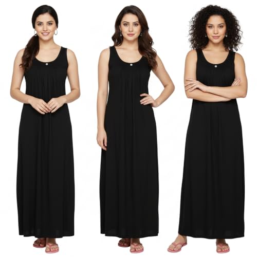 Image of Cotton Full Length Long Camisole for Women - Long Innerwear Petticoat - Plus Size Nighty - Kurti Slip - Suit Slip - Black Color