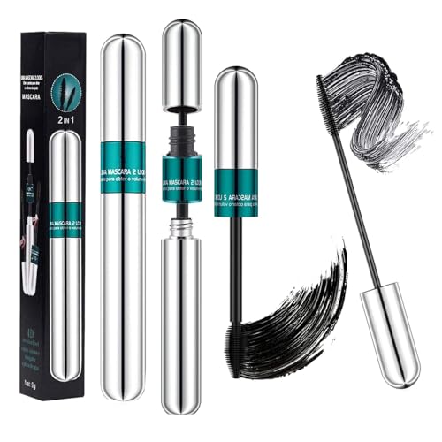 4D Mascara de Pestañas negra, 2 en 1 Mascara de Pestañas Waterproof con Fibras de Seda, Diseño de Cabezal de Cepillo Doble, Máscara de Larga Duración para Definición y Volumen no Blooming